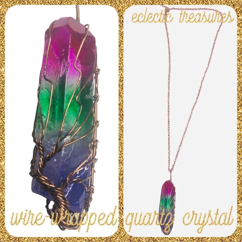 Wire Wrapped Rainbow Quartz Crystal Pendant Necklace Stainless Steel Tree ofLife
